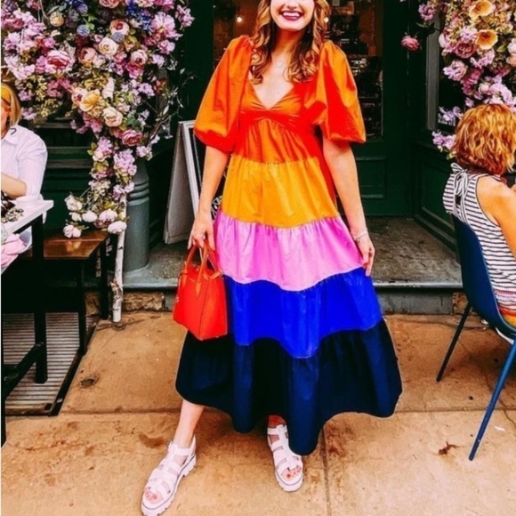 ANTHROPOLOGIE Farm Rio Tiered Colorblocked Maxi Dress XXS Petite Maximalist Boho - Picture 16 of 16